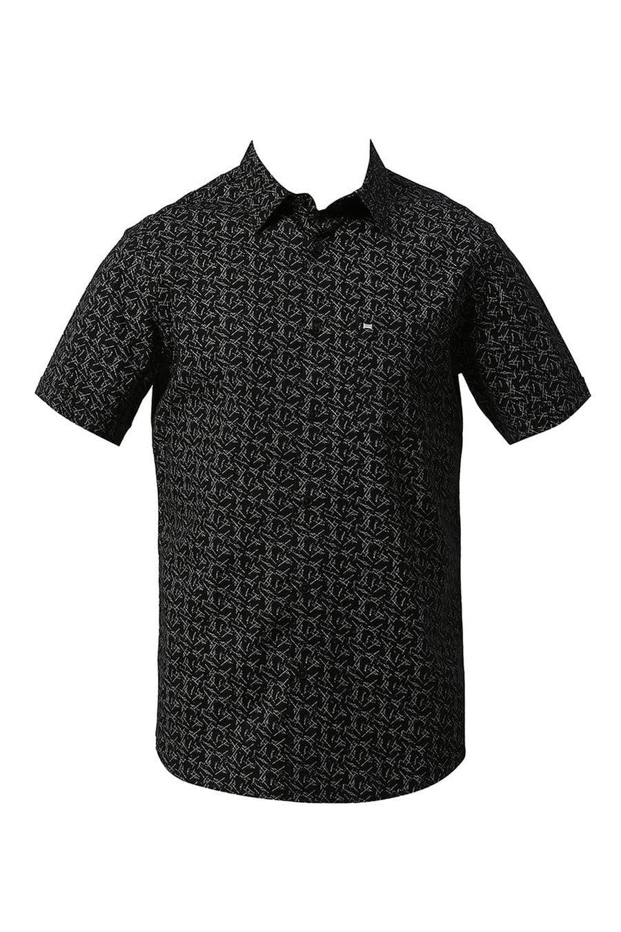 BASICS SLIM FIT MOONLESS BLACK COTTON CREPE PRINTED HALFSLEEVES SHIRT