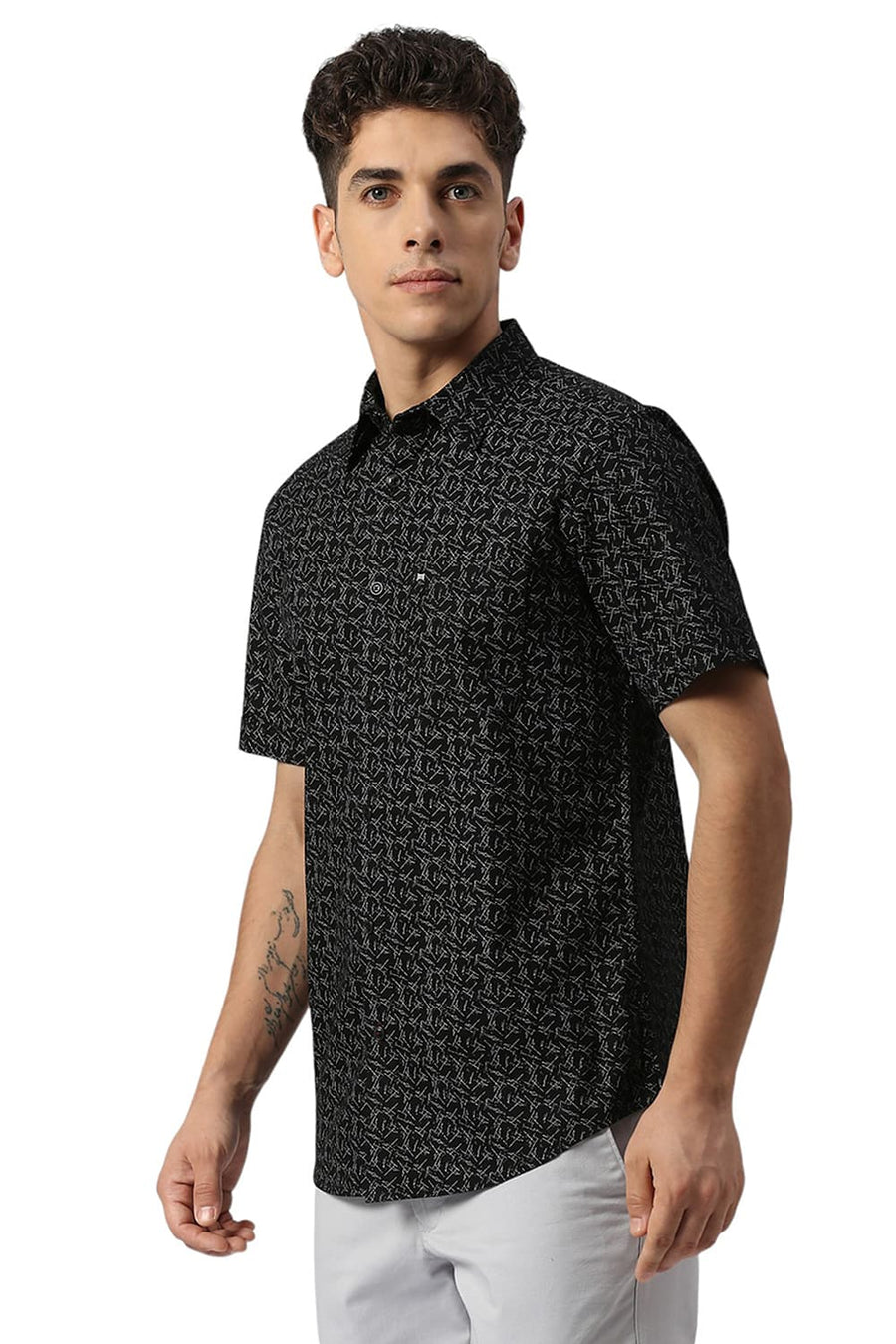 BASICS SLIM FIT MOONLESS BLACK COTTON CREPE PRINTED HALFSLEEVES SHIRT