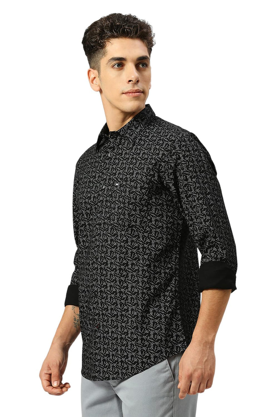 BASICS SLIM FIT MOONLESS BLACK COTTON CREPE PRINTED SHIRT