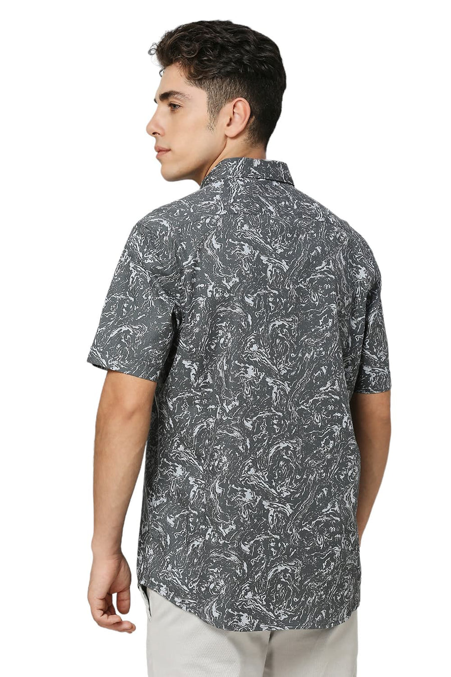BASICS SLIM FIT SAGE GREY COTTON CREPE PRINTED HALFSLEEVES SHIRT