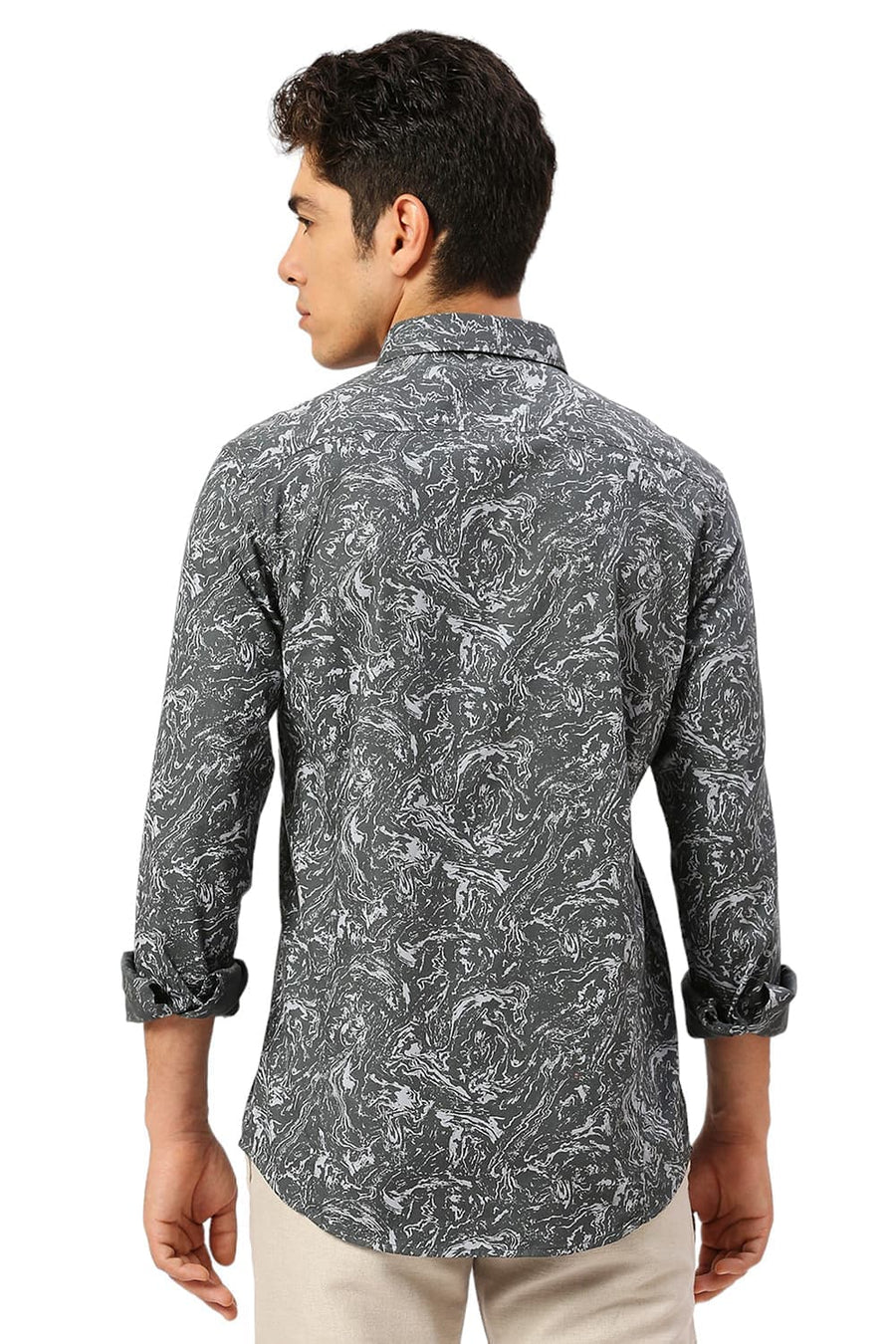 BASICS SLIM FIT SAGE GREY COTTON CREPE PRINTED SHIRT