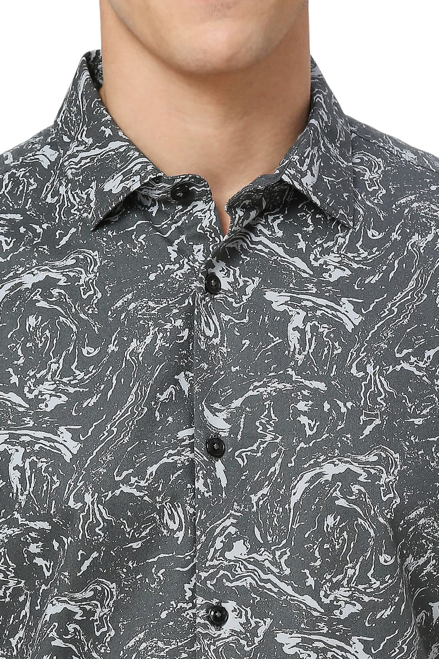 BASICS SLIM FIT SAGE GREY COTTON CREPE PRINTED HALFSLEEVES SHIRT