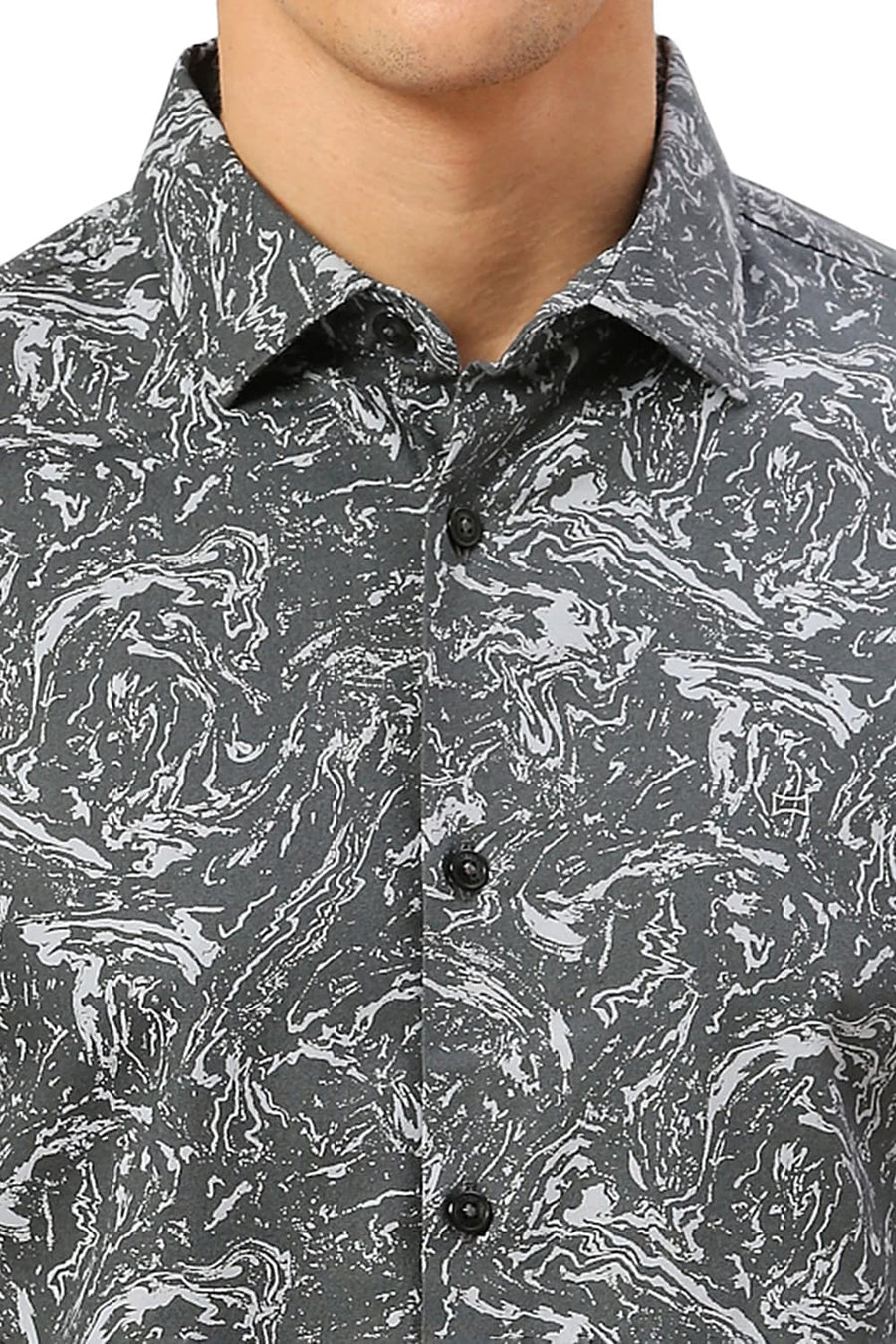 BASICS SLIM FIT SAGE GREY COTTON CREPE PRINTED SHIRT