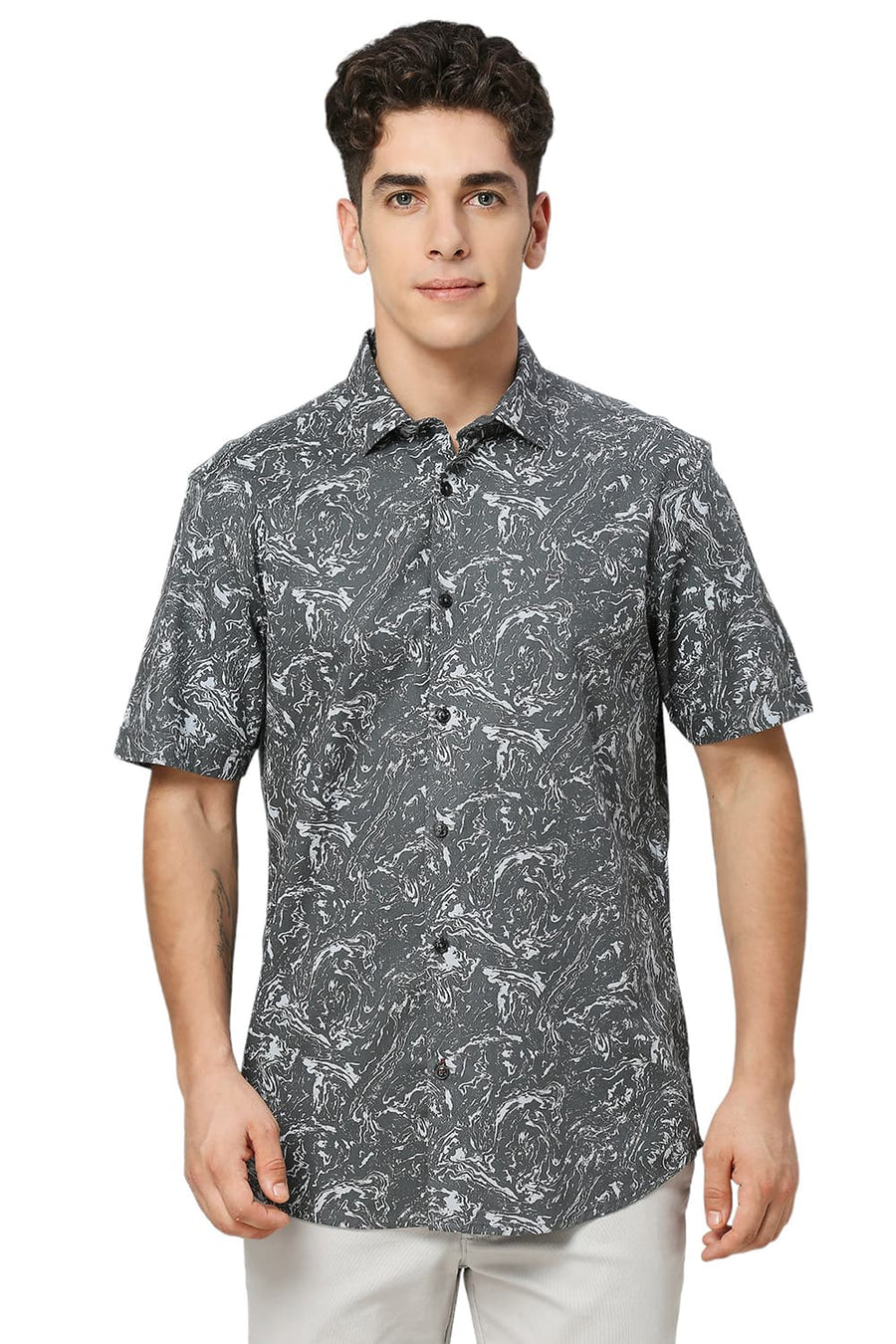 BASICS SLIM FIT SAGE GREY COTTON CREPE PRINTED HALFSLEEVES SHIRT