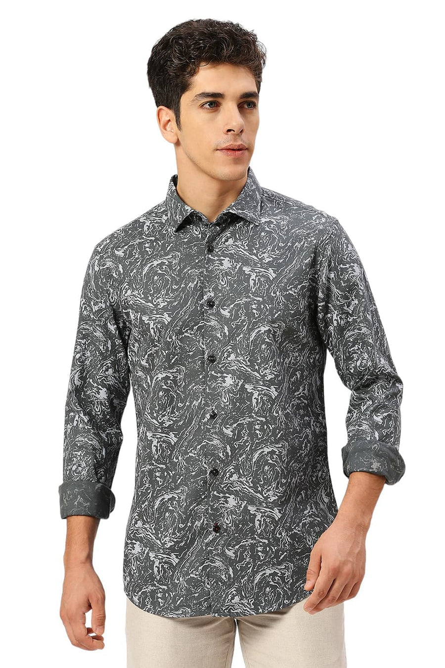 BASICS SLIM FIT SAGE GREY COTTON CREPE PRINTED SHIRT