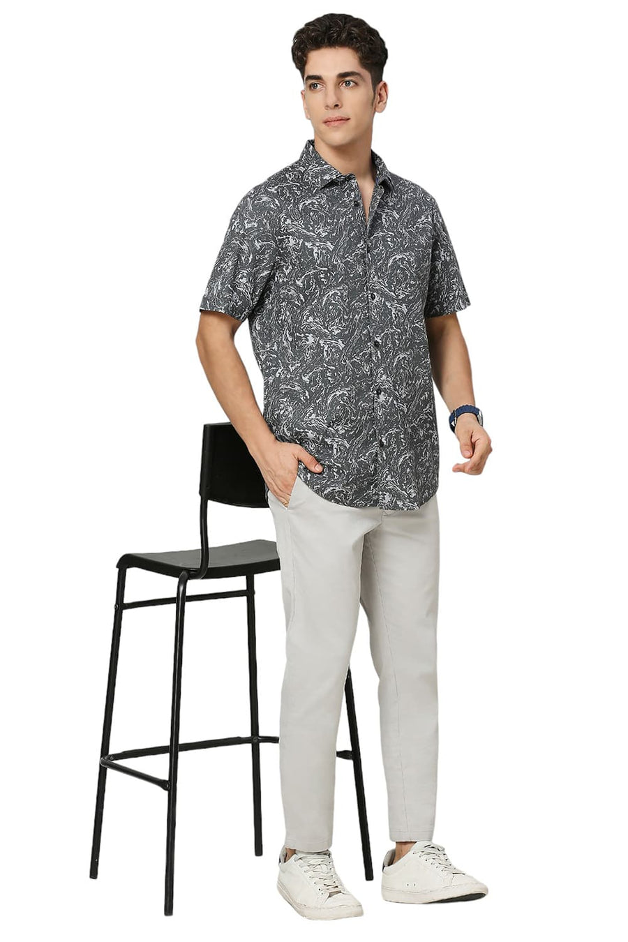 BASICS SLIM FIT SAGE GREY COTTON CREPE PRINTED HALFSLEEVES SHIRT