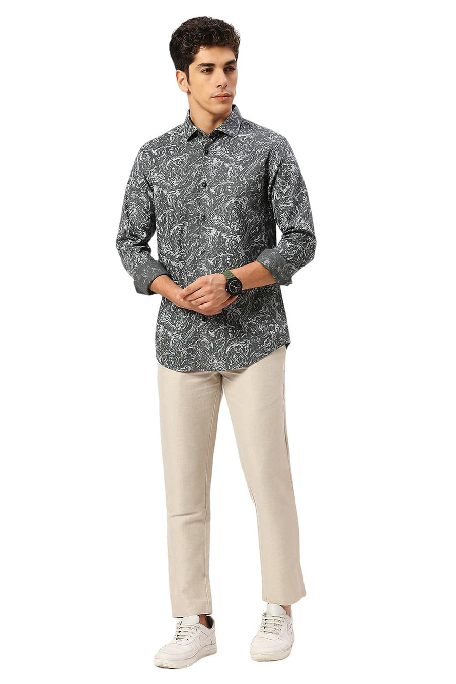 BASICS SLIM FIT SAGE GREY COTTON CREPE PRINTED SHIRT