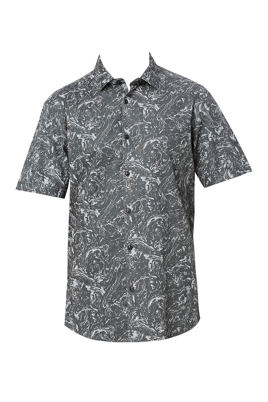BASICS SLIM FIT SAGE GREY COTTON CREPE PRINTED HALFSLEEVES SHIRT