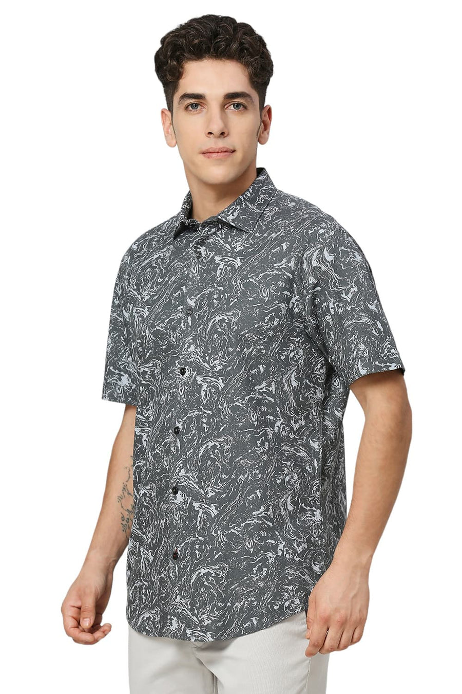 BASICS SLIM FIT SAGE GREY COTTON CREPE PRINTED HALFSLEEVES SHIRT