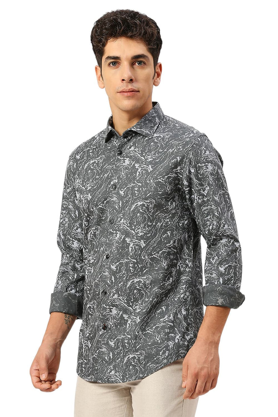 BASICS SLIM FIT SAGE GREY COTTON CREPE PRINTED SHIRT