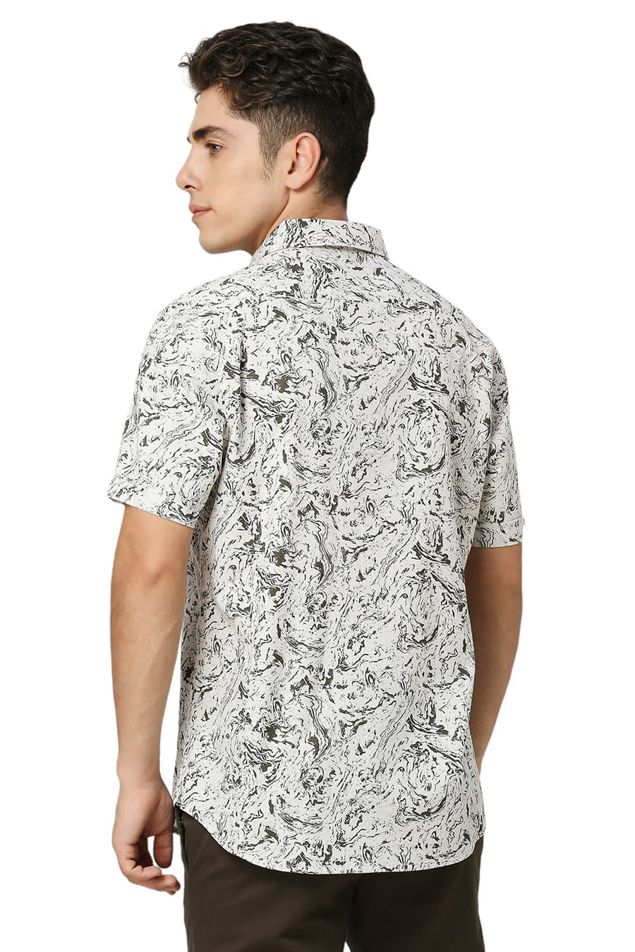 BASICS SLIM FIT FEATHER BEIGE COTTON CREPE PRINTED HALFSLEEVES SHIRT