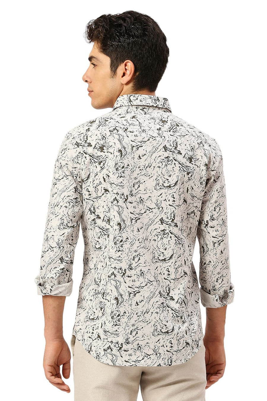 BASICS SLIM FIT FEATHER BEIGE COTTON CREPE PRINTED SHIRT