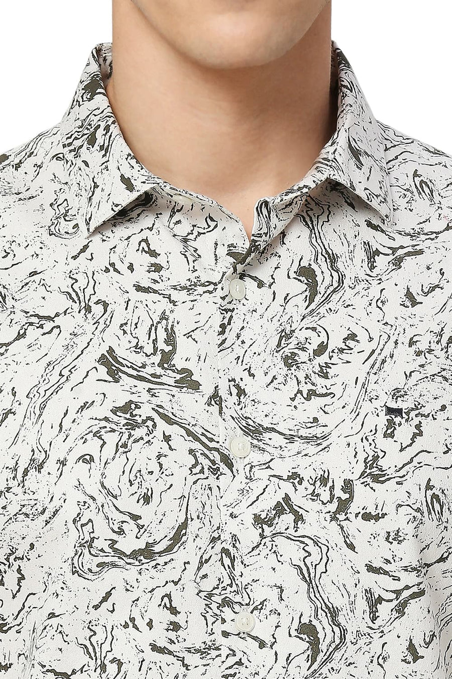 BASICS SLIM FIT FEATHER BEIGE COTTON CREPE PRINTED HALFSLEEVES SHIRT