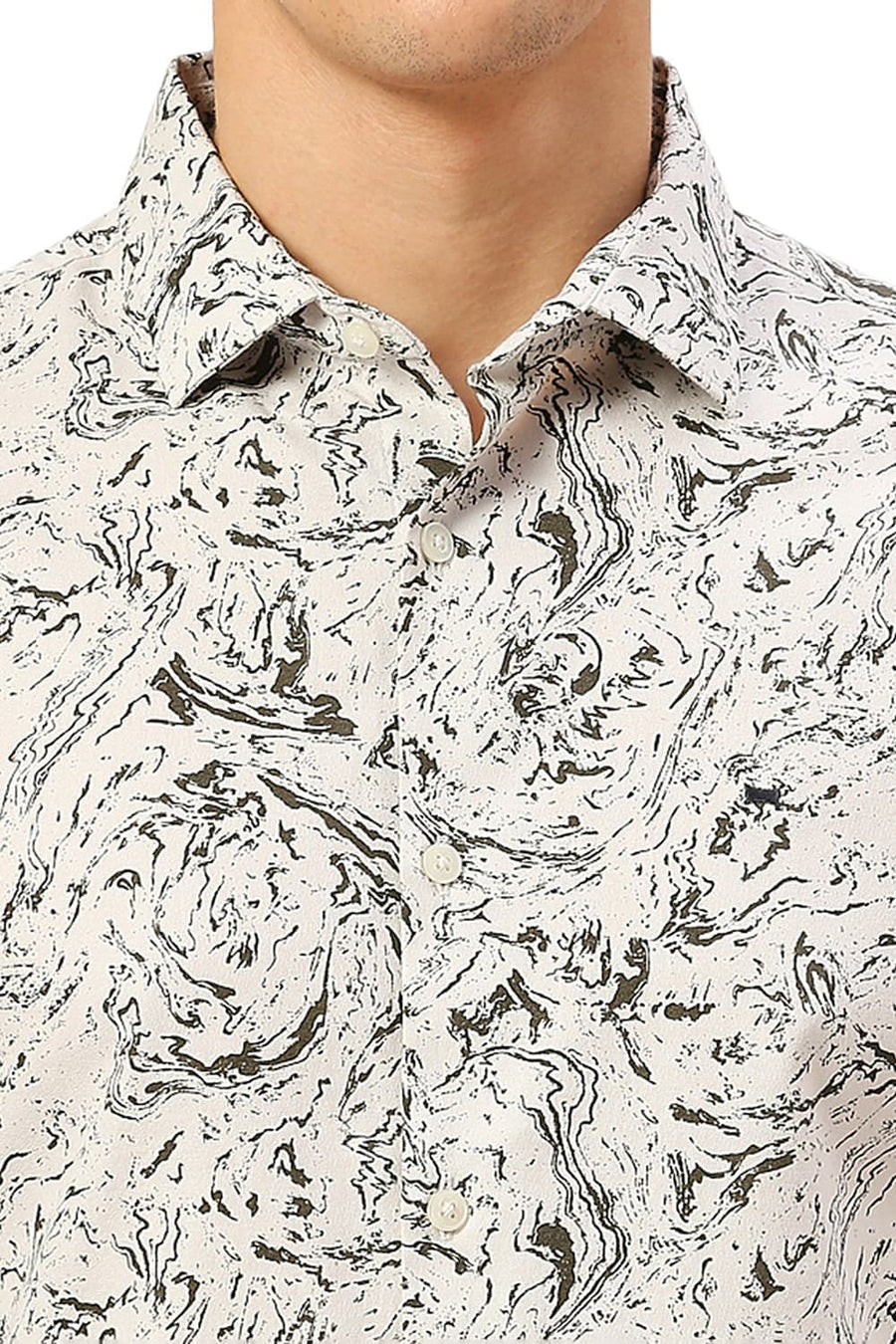 BASICS SLIM FIT FEATHER BEIGE COTTON CREPE PRINTED SHIRT