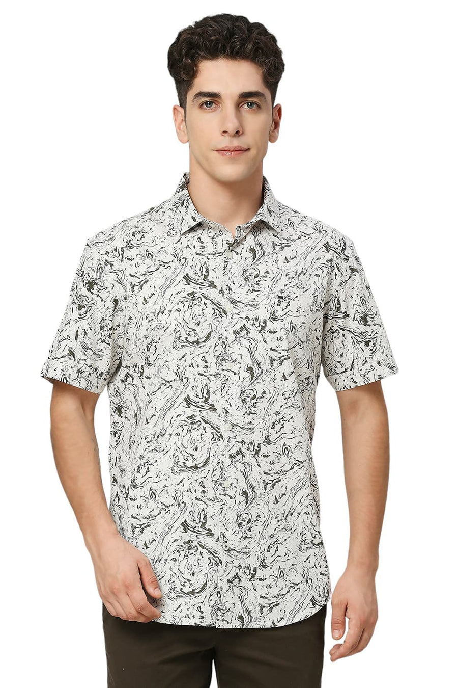 BASICS SLIM FIT FEATHER BEIGE COTTON CREPE PRINTED HALFSLEEVES SHIRT