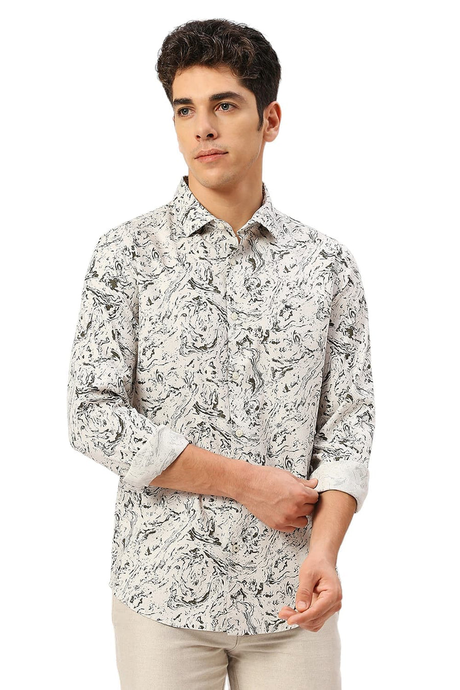 BASICS SLIM FIT FEATHER BEIGE COTTON CREPE PRINTED SHIRT