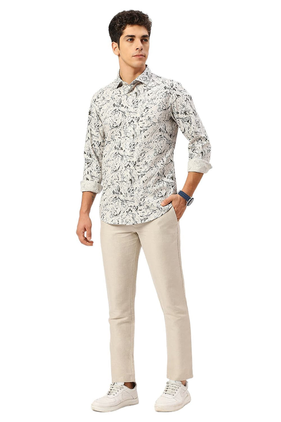 BASICS SLIM FIT FEATHER BEIGE COTTON CREPE PRINTED SHIRT
