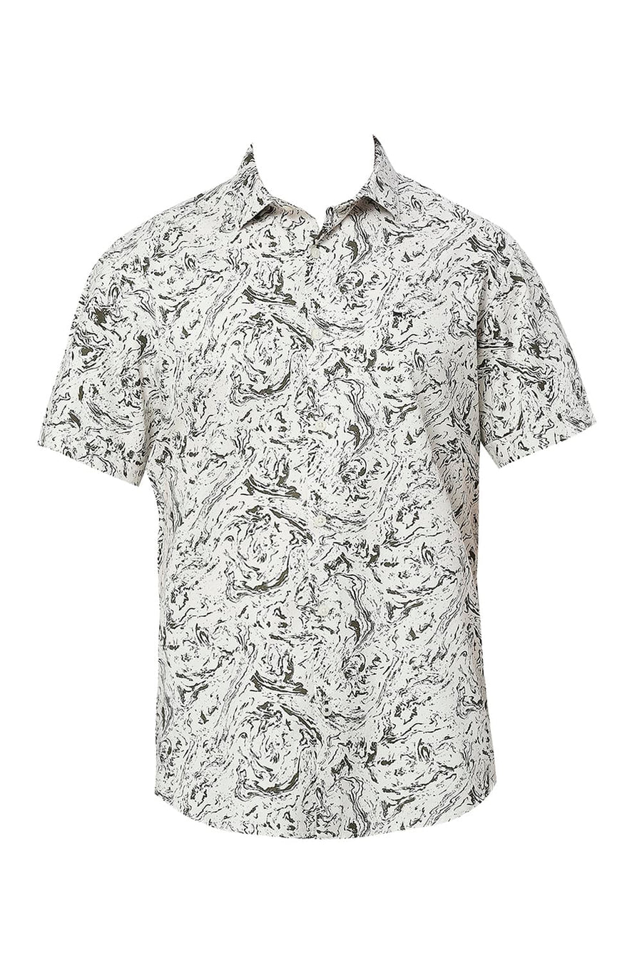 BASICS SLIM FIT FEATHER BEIGE COTTON CREPE PRINTED HALFSLEEVES SHIRT