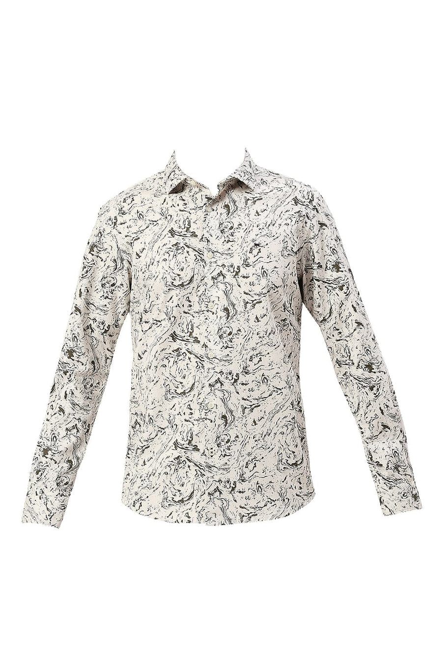 BASICS SLIM FIT FEATHER BEIGE COTTON CREPE PRINTED SHIRT