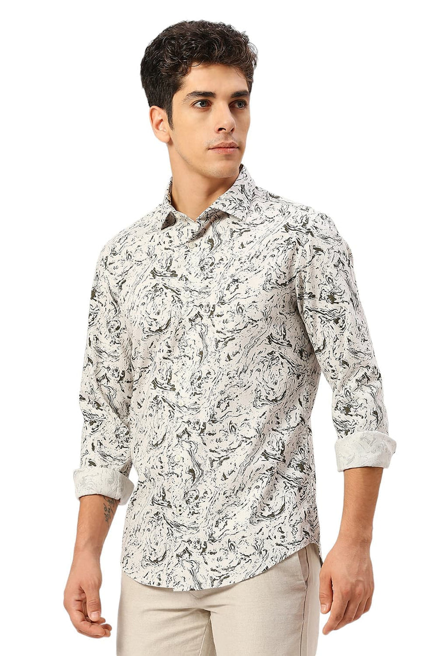BASICS SLIM FIT FEATHER BEIGE COTTON CREPE PRINTED SHIRT