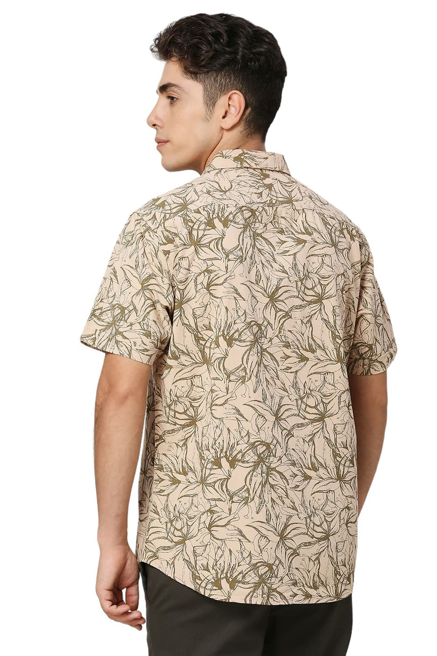 BASICS SLIM FIT GRAVEL KHAKI COTTON VISCOSE TWILL PRINTED HALFSLEEVES SHIRT