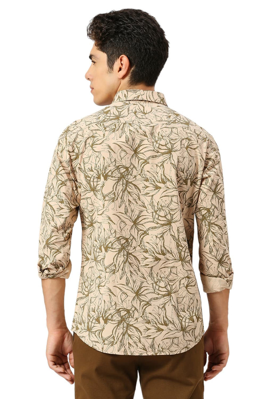 BASICS SLIM FIT GRAVEL KHAKI COTTON VISCOSE TWILL PRINTED SHIRT