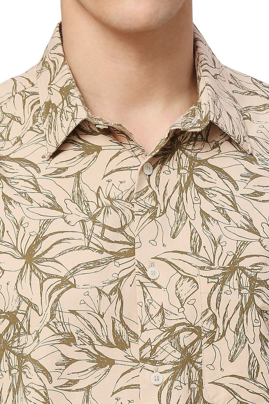 BASICS SLIM FIT GRAVEL KHAKI COTTON VISCOSE TWILL PRINTED HALFSLEEVES SHIRT