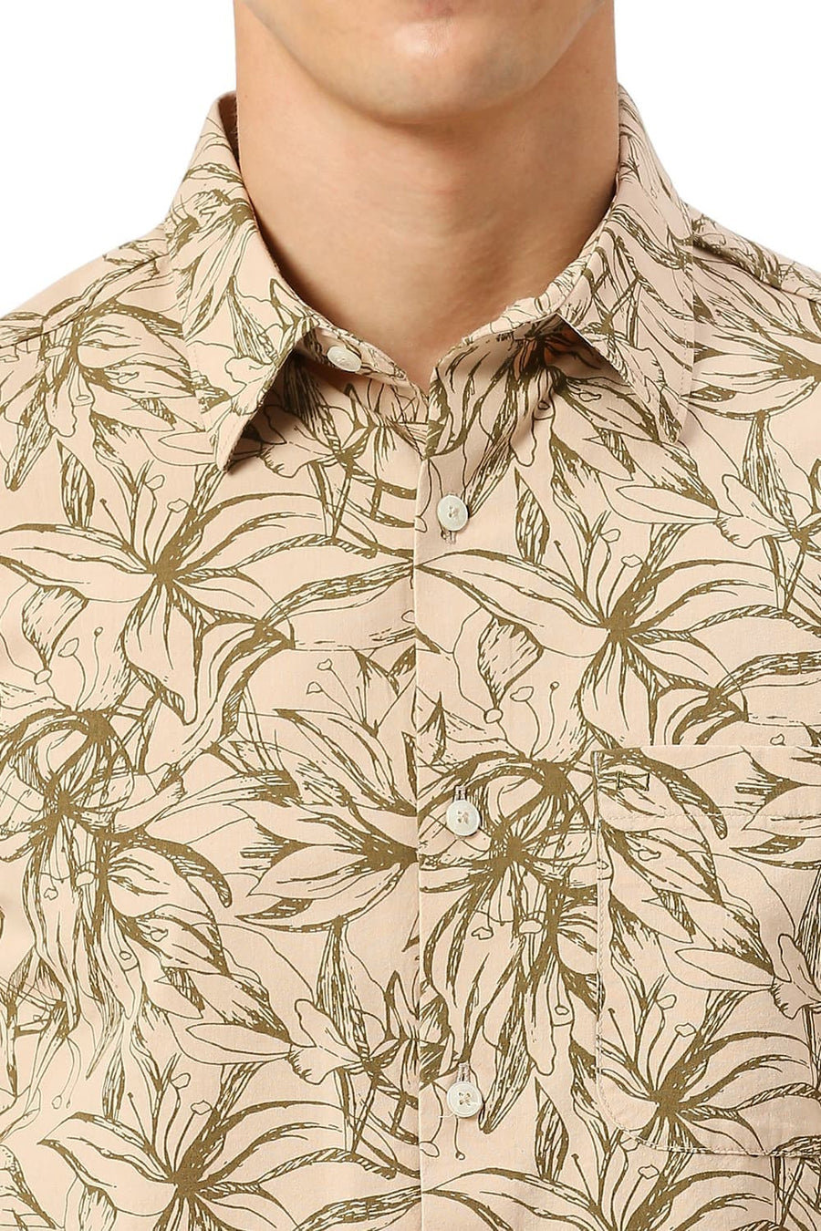 BASICS SLIM FIT GRAVEL KHAKI COTTON VISCOSE TWILL PRINTED SHIRT