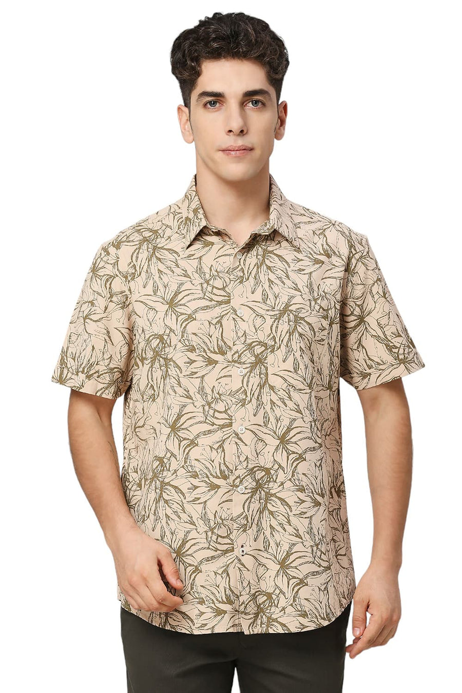 BASICS SLIM FIT GRAVEL KHAKI COTTON VISCOSE TWILL PRINTED HALFSLEEVES SHIRT