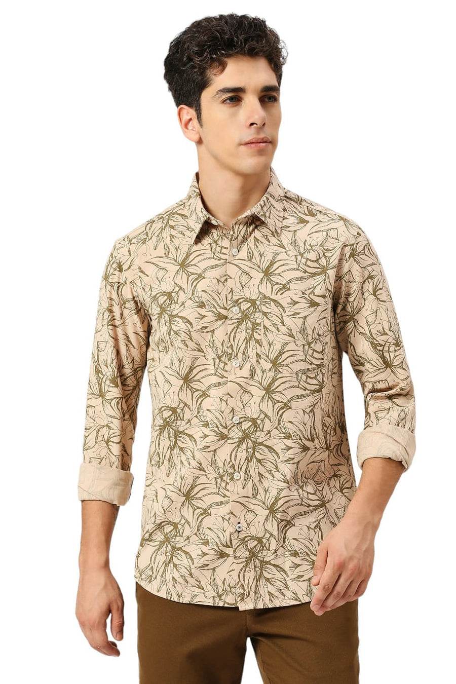 BASICS SLIM FIT GRAVEL KHAKI COTTON VISCOSE TWILL PRINTED SHIRT
