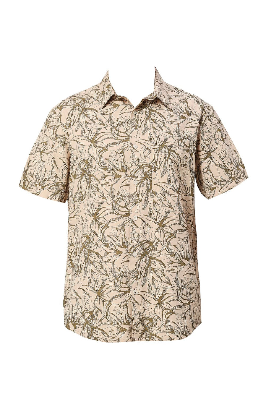 BASICS SLIM FIT GRAVEL KHAKI COTTON VISCOSE TWILL PRINTED HALFSLEEVES SHIRT