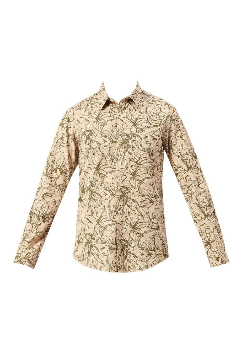 BASICS SLIM FIT GRAVEL KHAKI COTTON VISCOSE TWILL PRINTED SHIRT