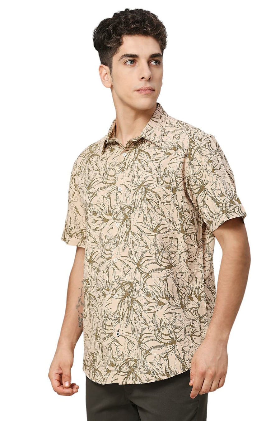 BASICS SLIM FIT GRAVEL KHAKI COTTON VISCOSE TWILL PRINTED HALFSLEEVES SHIRT