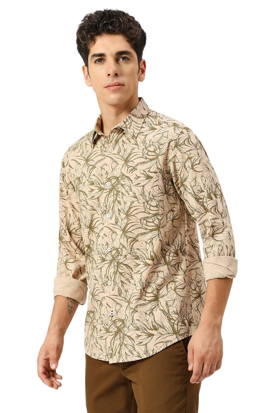BASICS SLIM FIT GRAVEL KHAKI COTTON VISCOSE TWILL PRINTED SHIRT