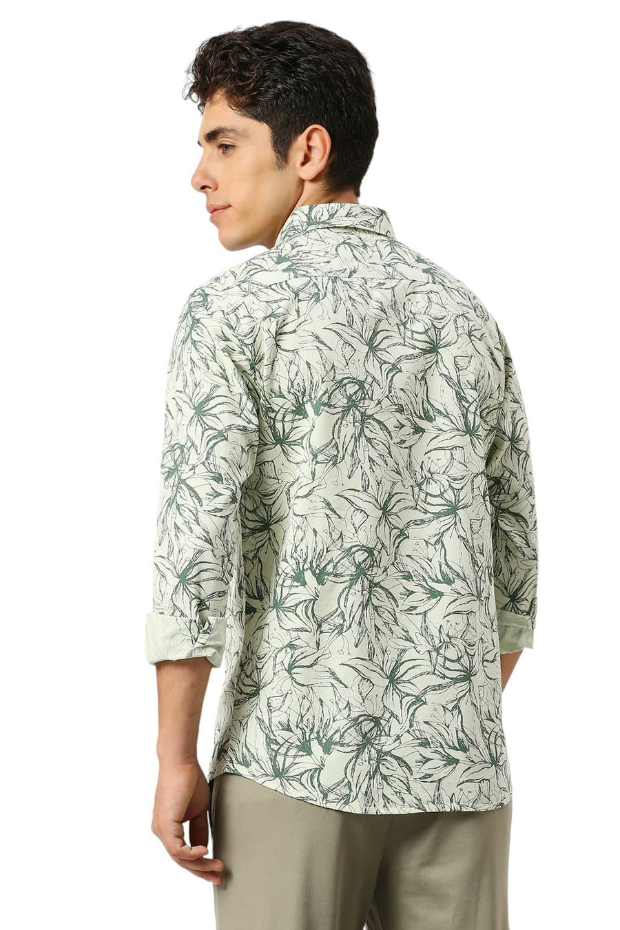 BASICS SLIM FIT CELA DON GREEN COTTON VISCOSE TWILL PRINTED SHIRT