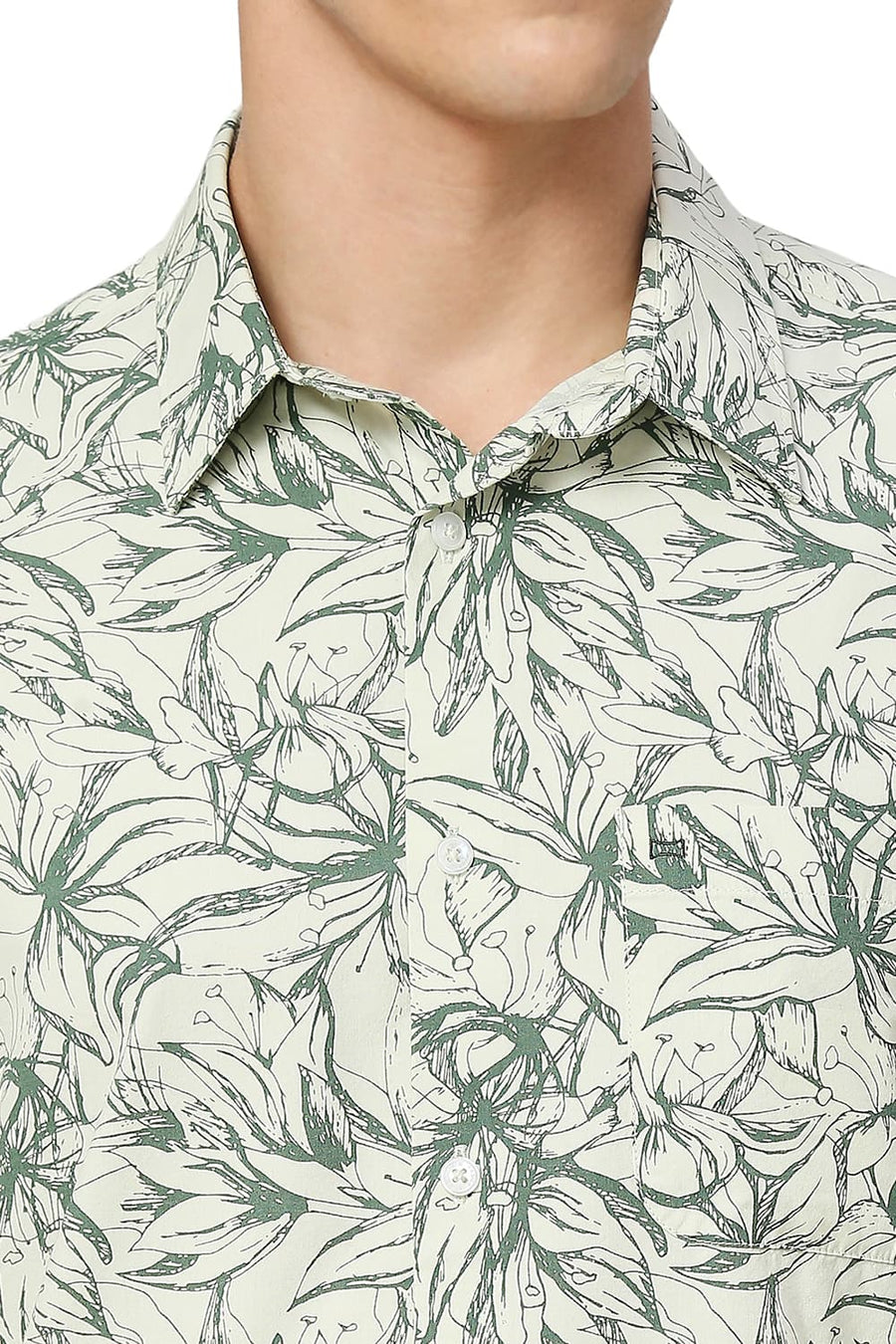 BASICS SLIM FIT CELA DON GREEN COTTON VISCOSE TWILL PRINTED HALFSLEEVES SHIRT