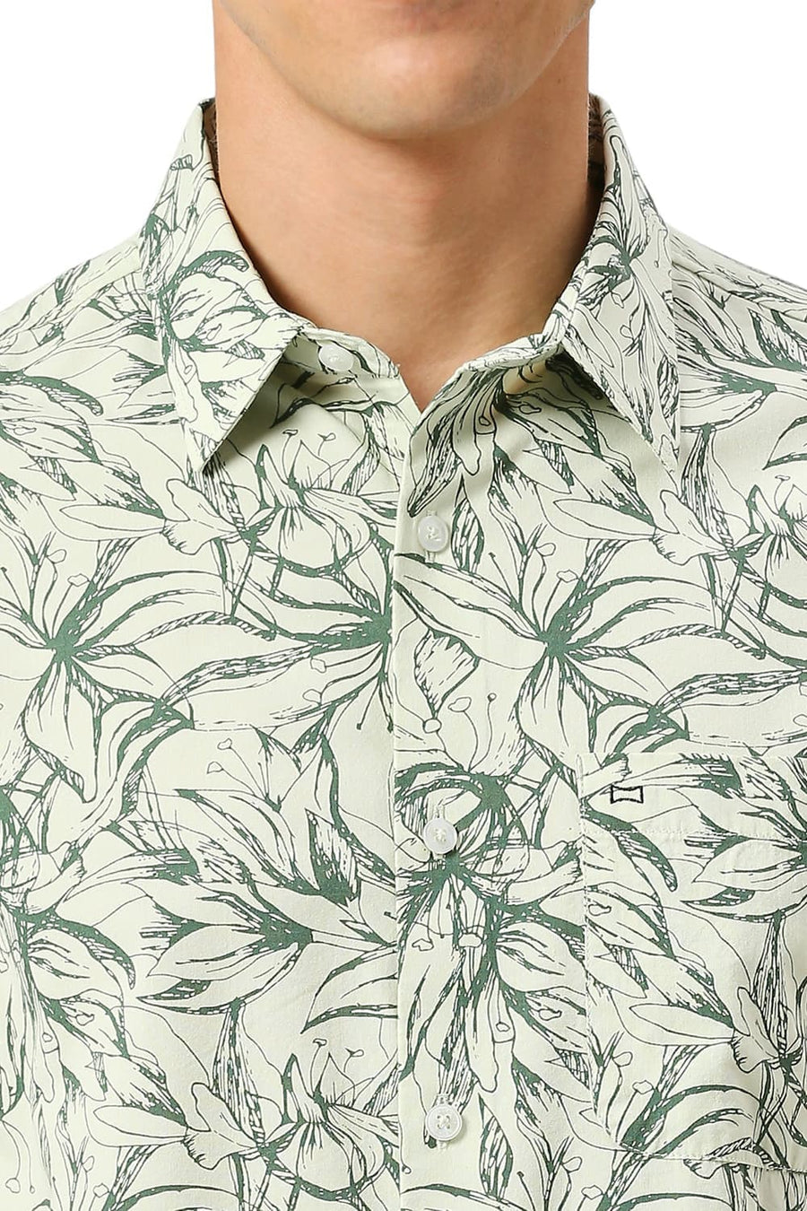 BASICS SLIM FIT CELA DON GREEN COTTON VISCOSE TWILL PRINTED SHIRT