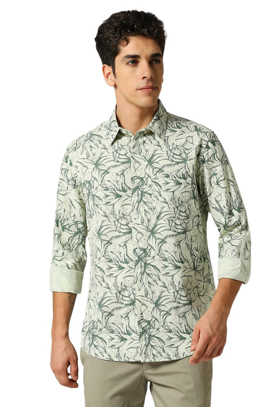 BASICS SLIM FIT CELA DON GREEN COTTON VISCOSE TWILL PRINTED SHIRT