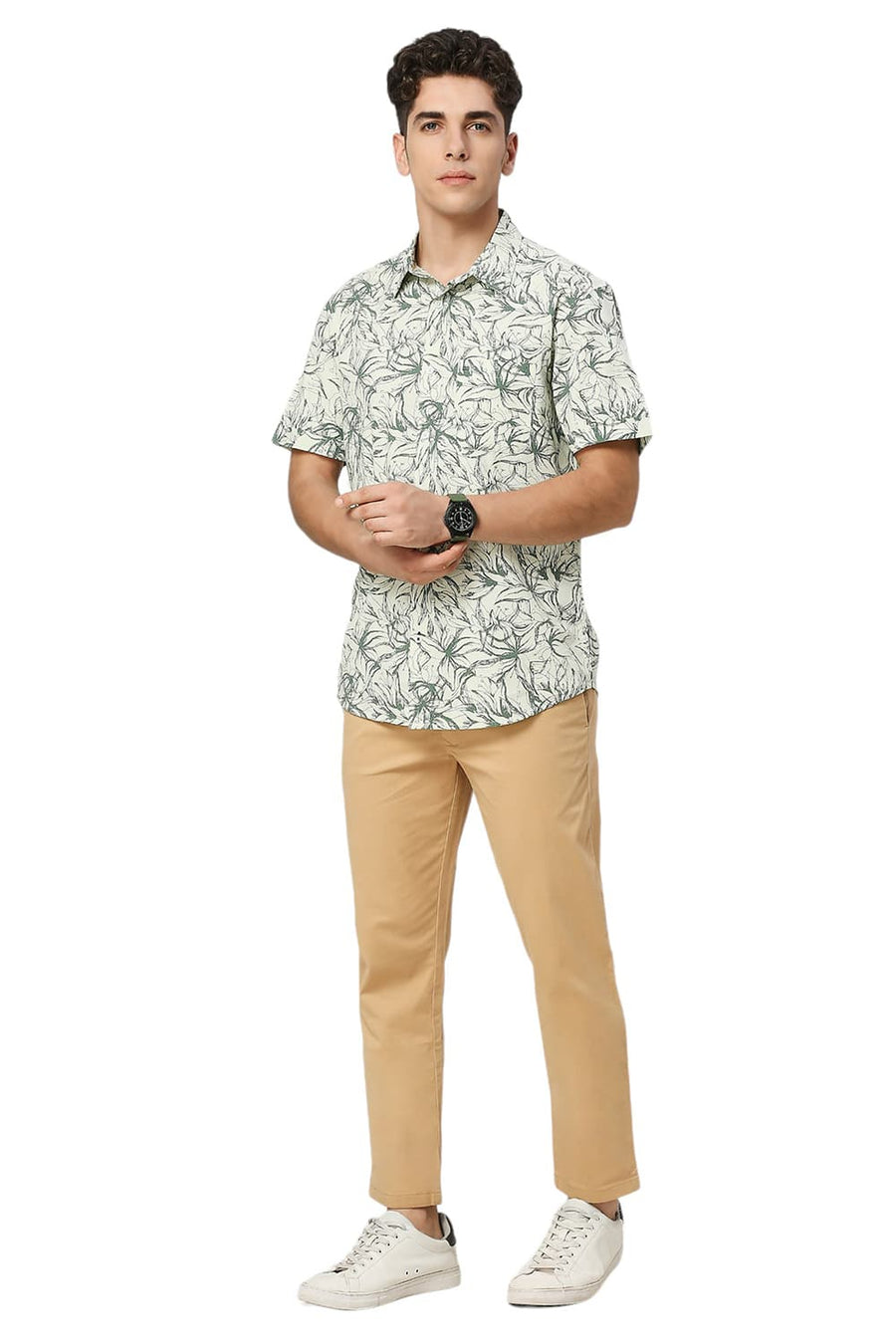 BASICS SLIM FIT CELA DON GREEN COTTON VISCOSE TWILL PRINTED HALFSLEEVES SHIRT