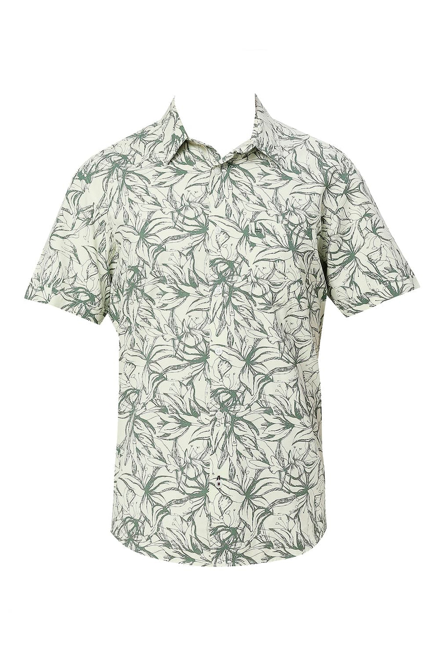 BASICS SLIM FIT CELA DON GREEN COTTON VISCOSE TWILL PRINTED HALFSLEEVES SHIRT