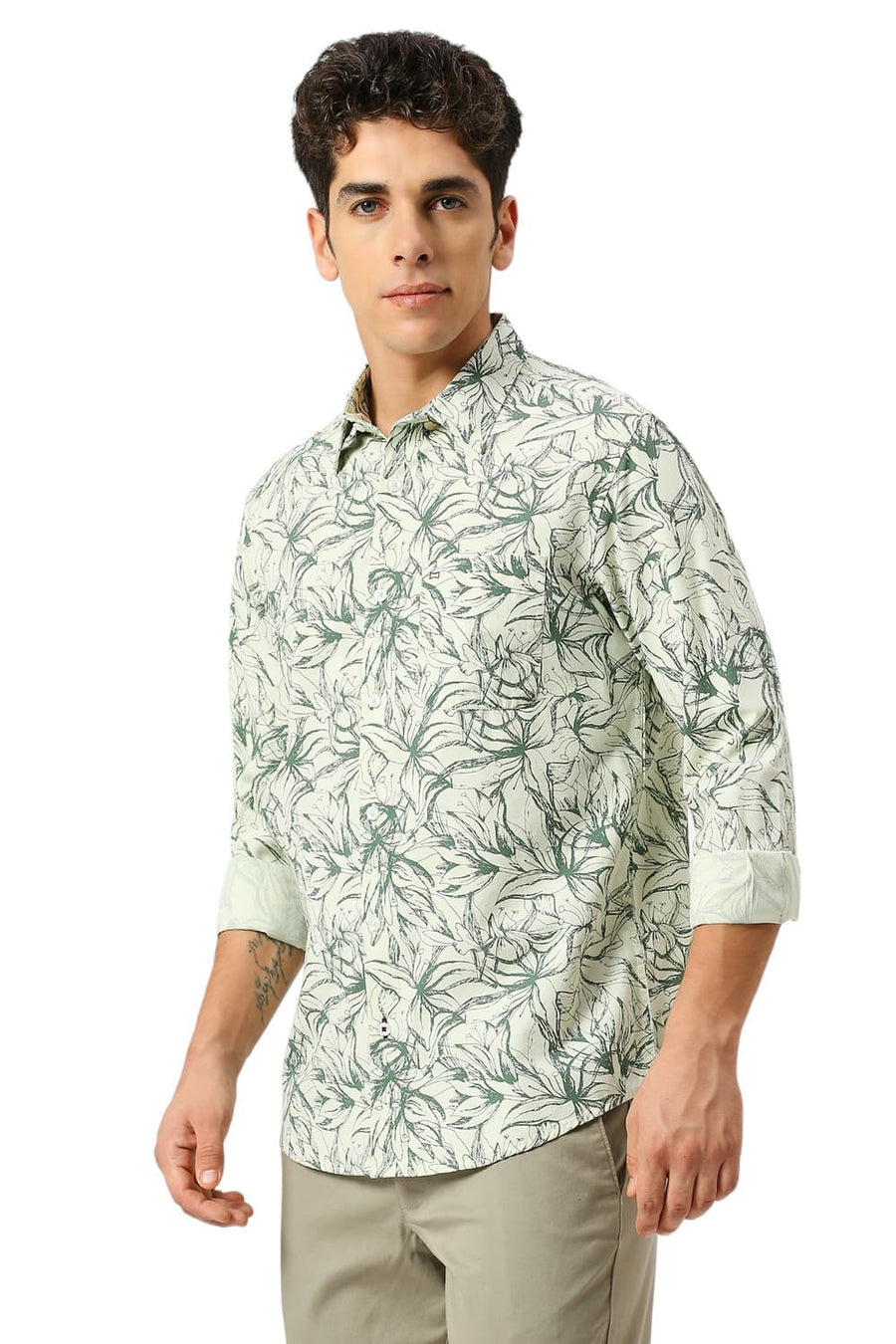 BASICS SLIM FIT CELA DON GREEN COTTON VISCOSE TWILL PRINTED SHIRT