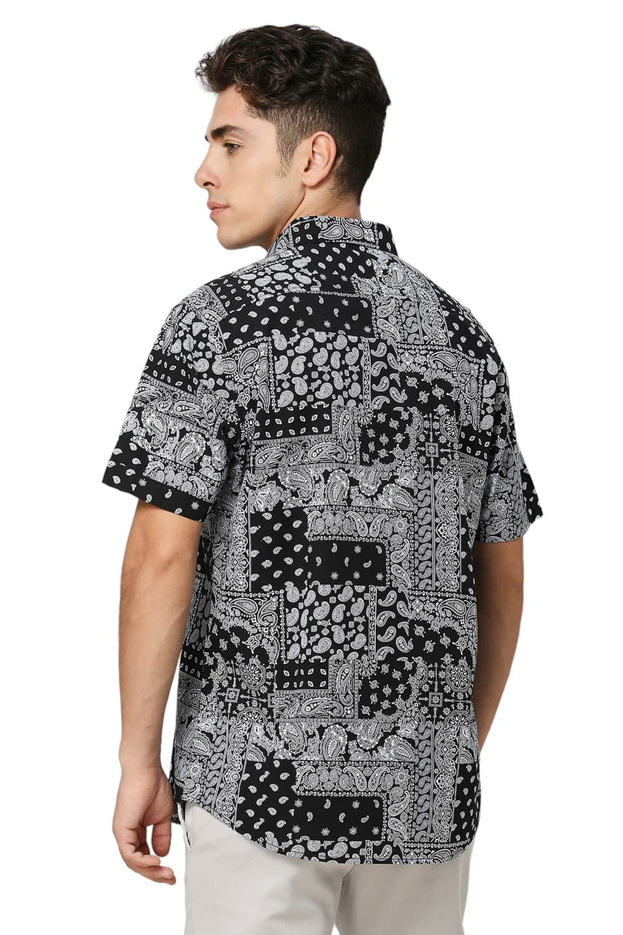 BASICS SLIM FIT ANTHRACITE BLACK COTTON VISCOSE TWILL PRINTED HALFSLEEVES SHIRT