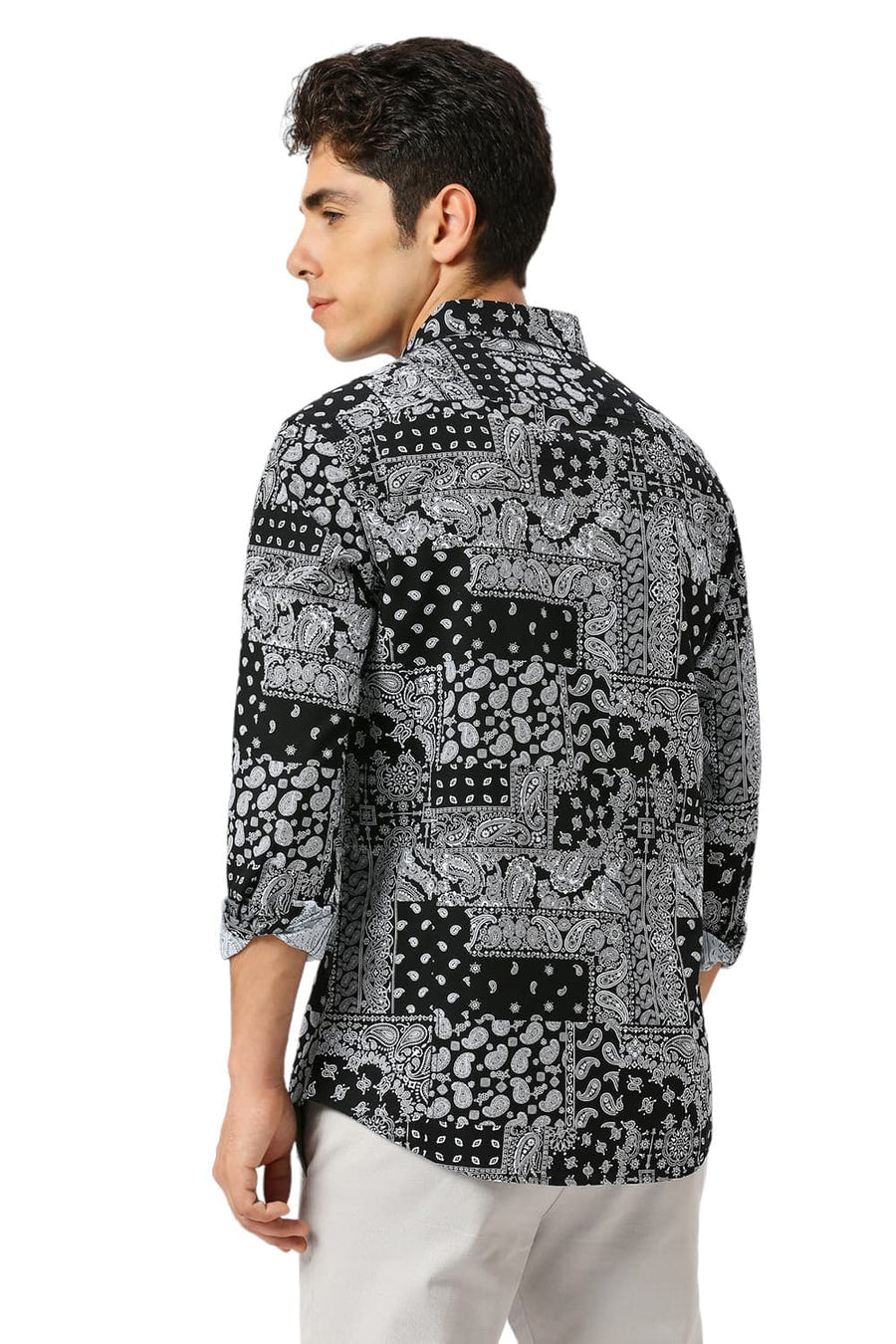 BASICS SLIM FIT ANTHRACITE BLACK COTTON VISCOSE TWILL PRINTED SHIRT