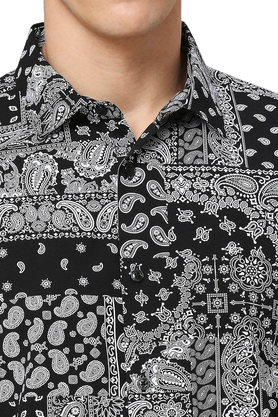 BASICS SLIM FIT ANTHRACITE BLACK COTTON VISCOSE TWILL PRINTED HALFSLEEVES SHIRT