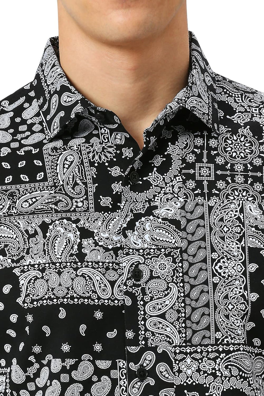 BASICS SLIM FIT ANTHRACITE BLACK COTTON VISCOSE TWILL PRINTED SHIRT