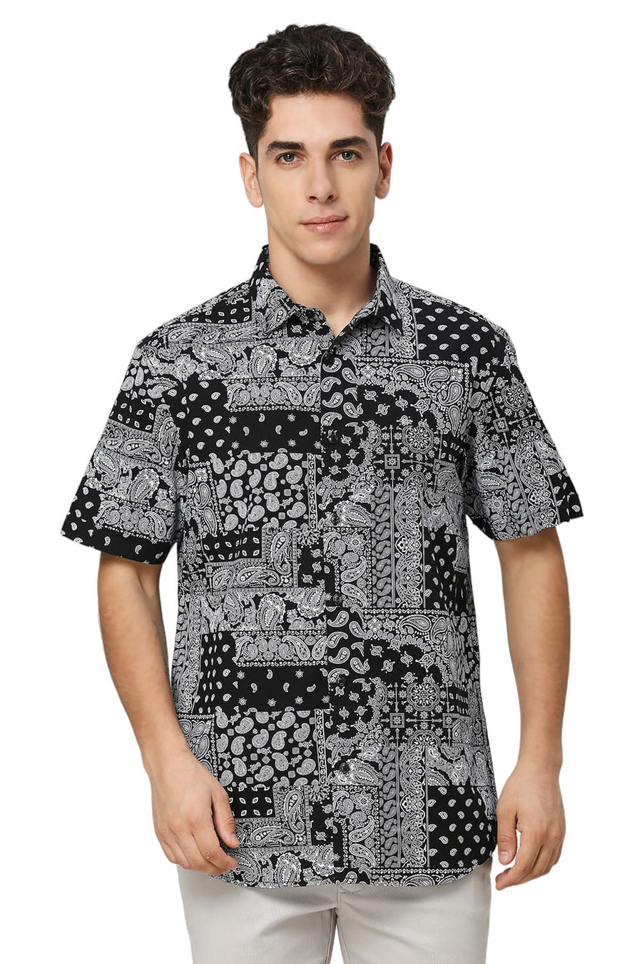 BASICS SLIM FIT ANTHRACITE BLACK COTTON VISCOSE TWILL PRINTED HALFSLEEVES SHIRT
