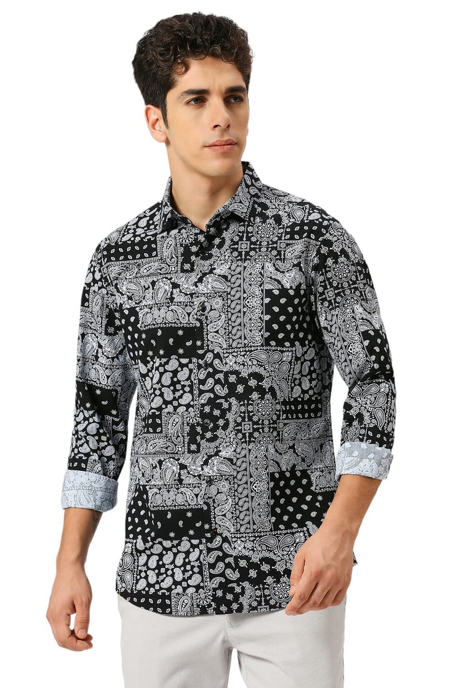 BASICS SLIM FIT ANTHRACITE BLACK COTTON VISCOSE TWILL PRINTED SHIRT