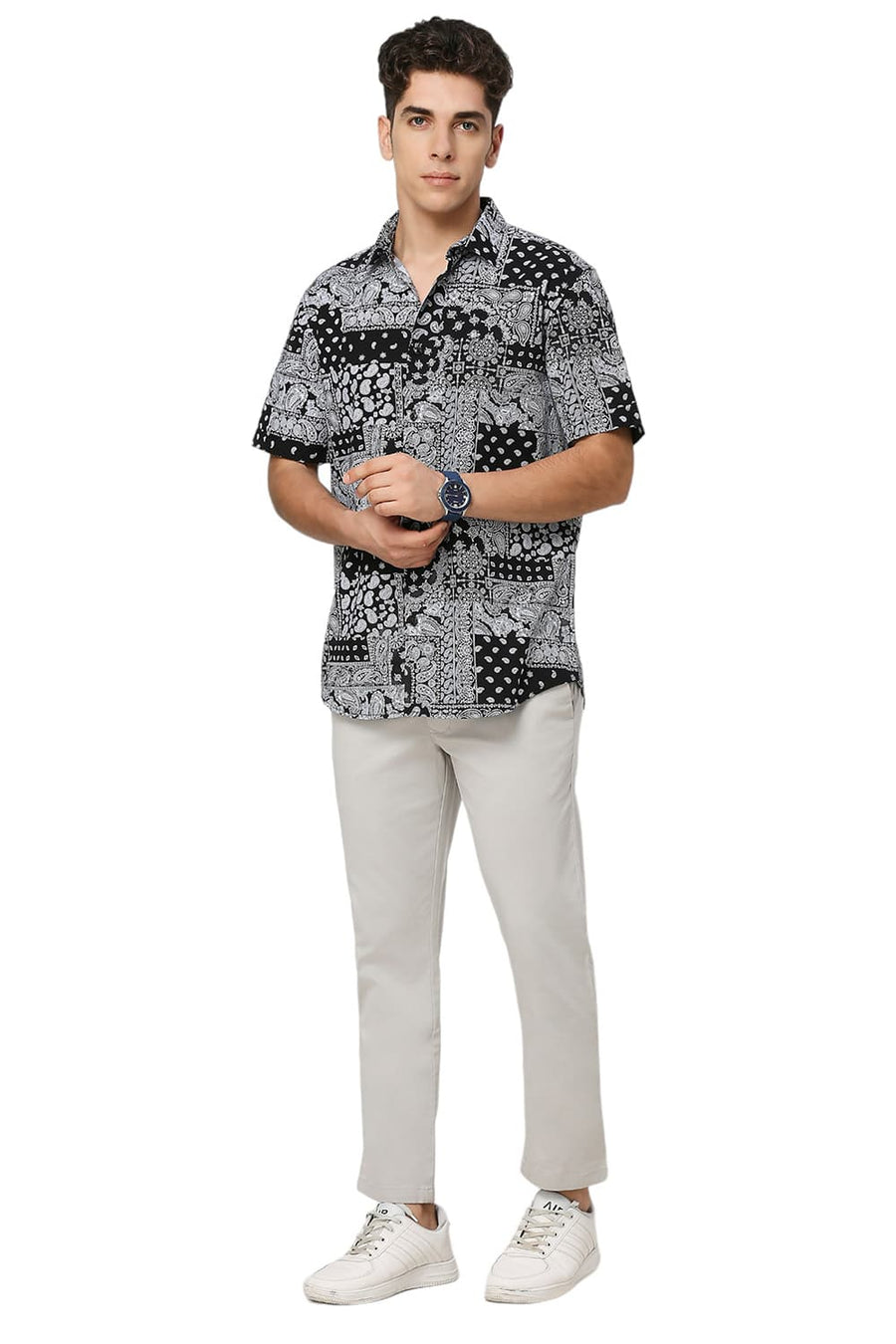 BASICS SLIM FIT ANTHRACITE BLACK COTTON VISCOSE TWILL PRINTED HALFSLEEVES SHIRT