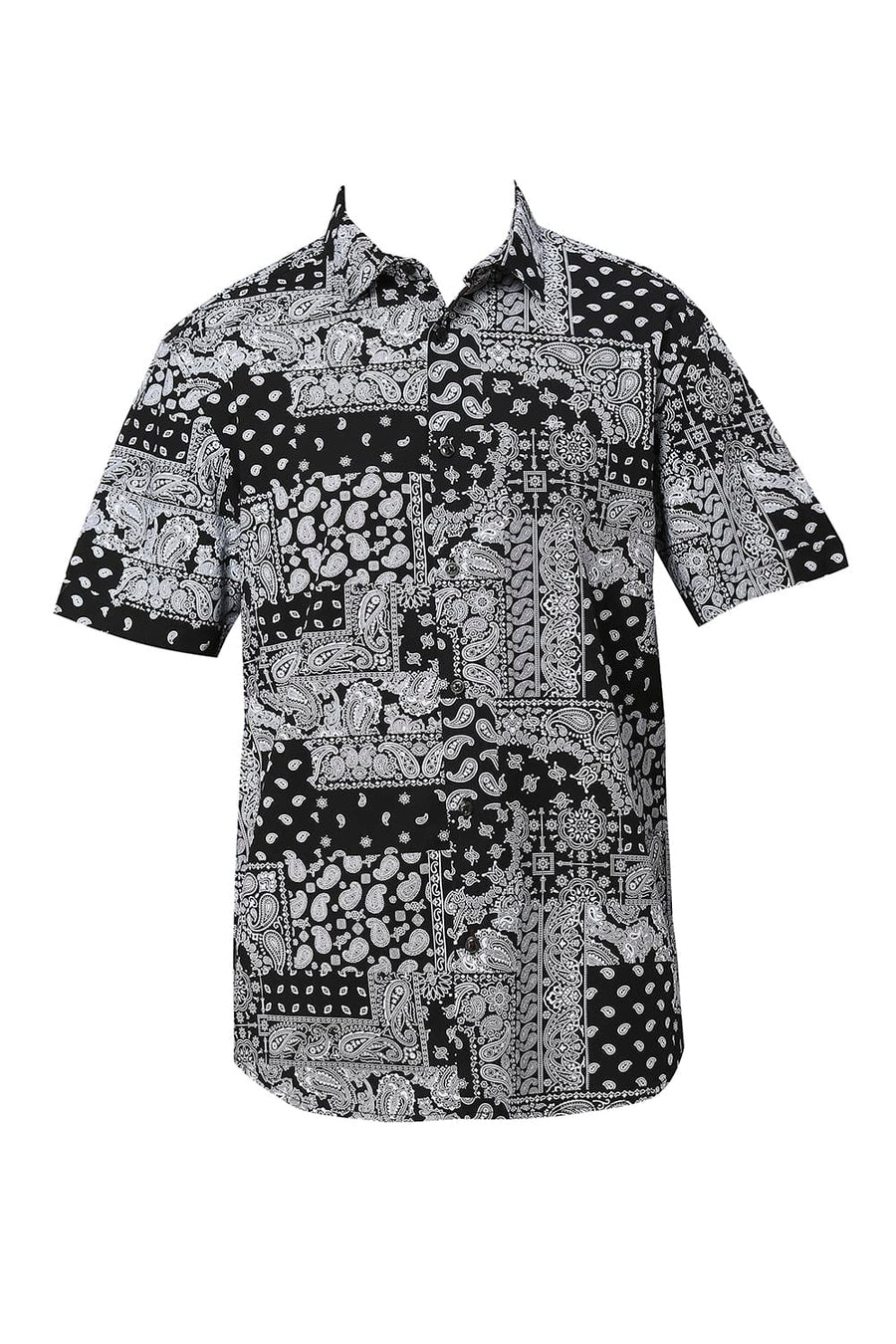 BASICS SLIM FIT ANTHRACITE BLACK COTTON VISCOSE TWILL PRINTED HALFSLEEVES SHIRT