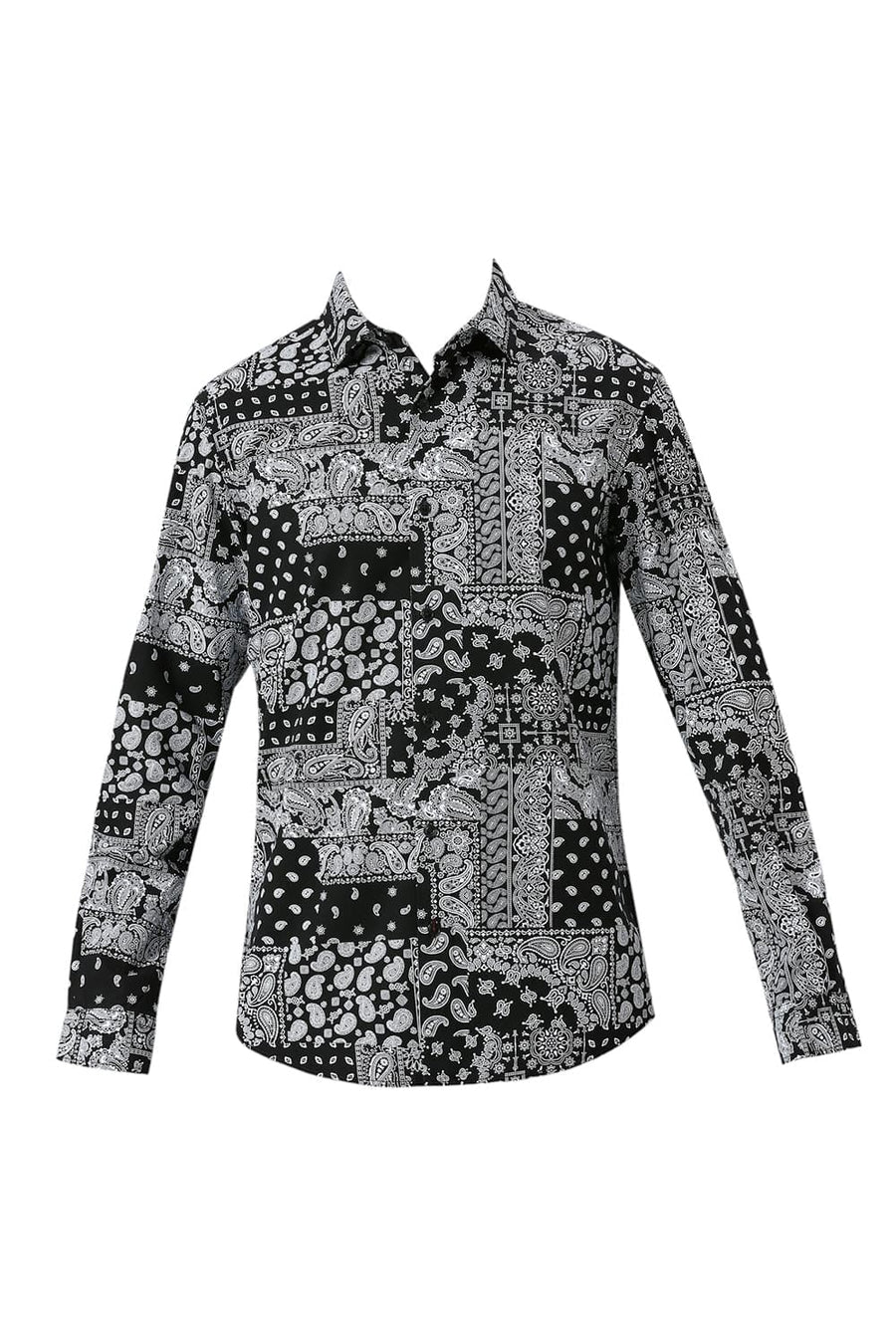 BASICS SLIM FIT ANTHRACITE BLACK COTTON VISCOSE TWILL PRINTED SHIRT